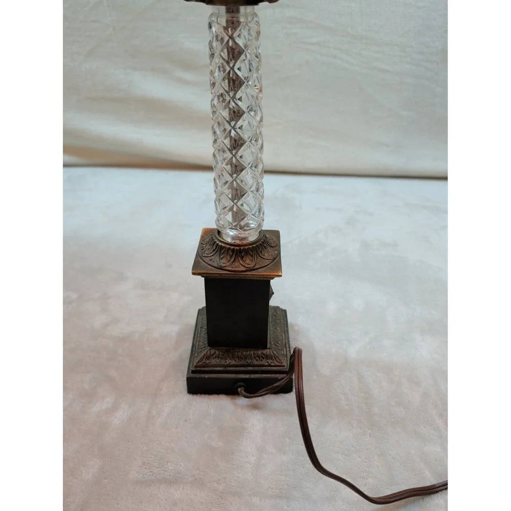 Vintage Crystal Column Table Lamp Bronze Pedestal Base Damask Bell Shade 21.5